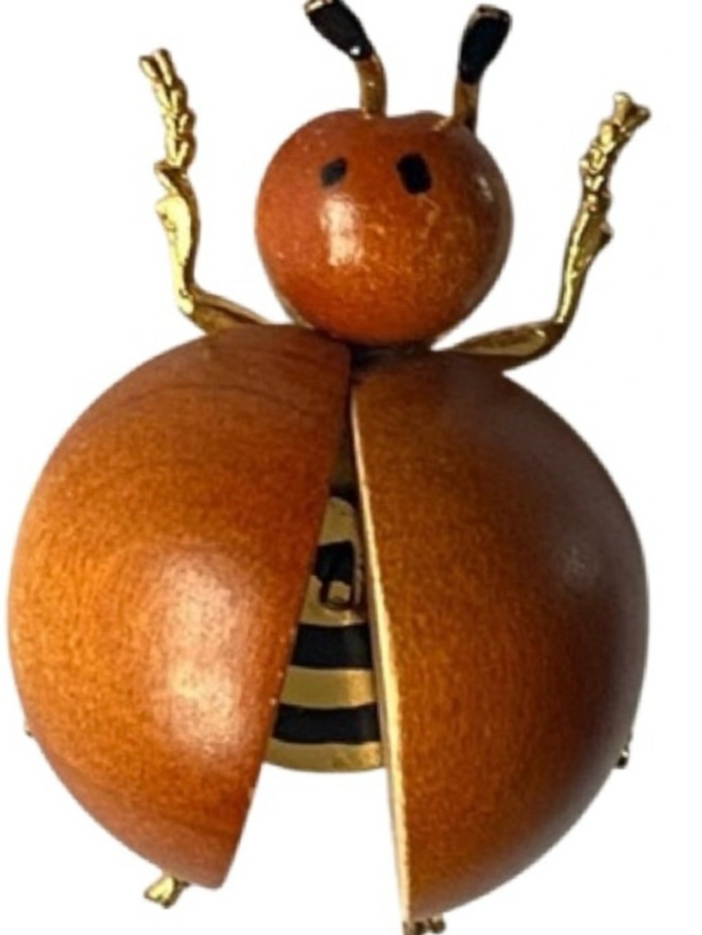 Vintage Wood & Gold Metal Ladybug Brooch Made in West Germany